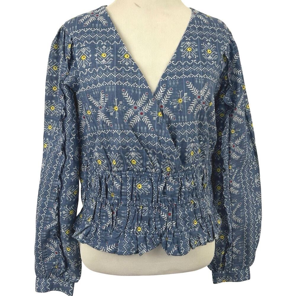 Anthro Forever That Girl Wrap Blouse Boho Cotton Peplum Blue Women S